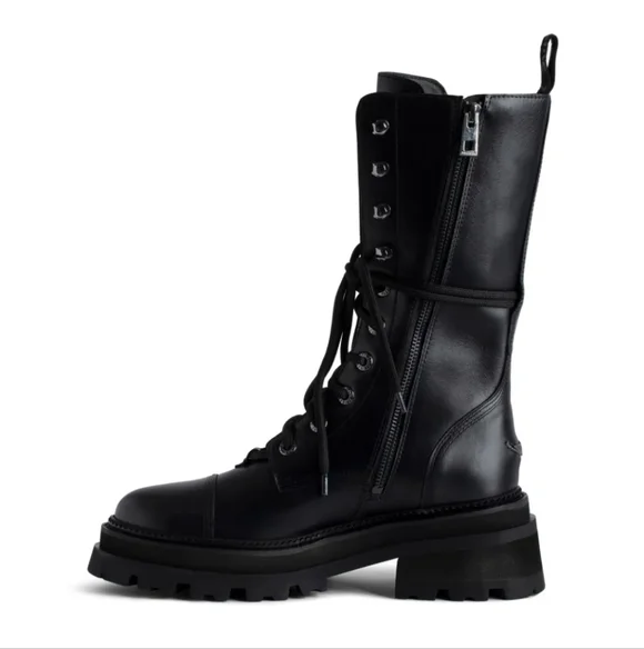 NEW $748 Zadig and Voltaire Ride Semy-Shiny Calfskin Black Leather Combat Boots - Picture 5 of 12